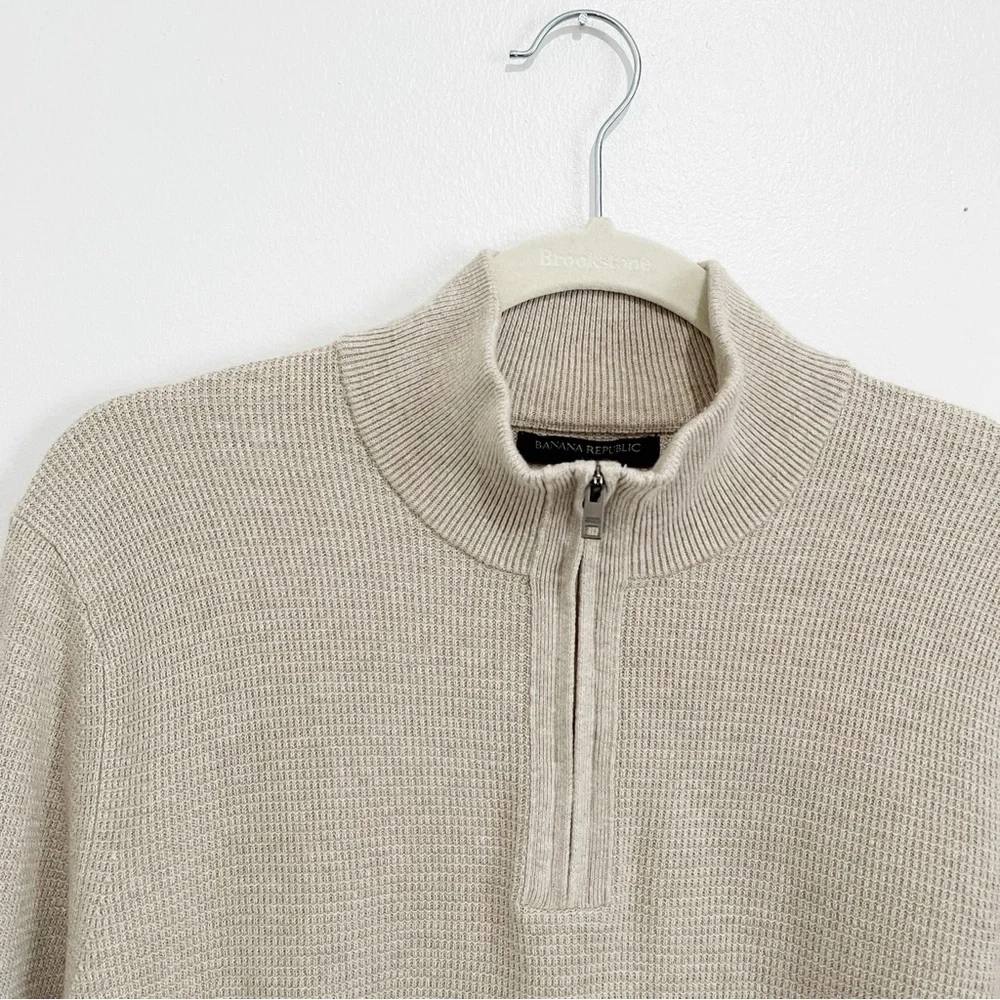 Banana Republic Men's Waffle Knit Half Zip Cotton Sweater Pullover Oatmeal Sz M - Picture 4 of 6